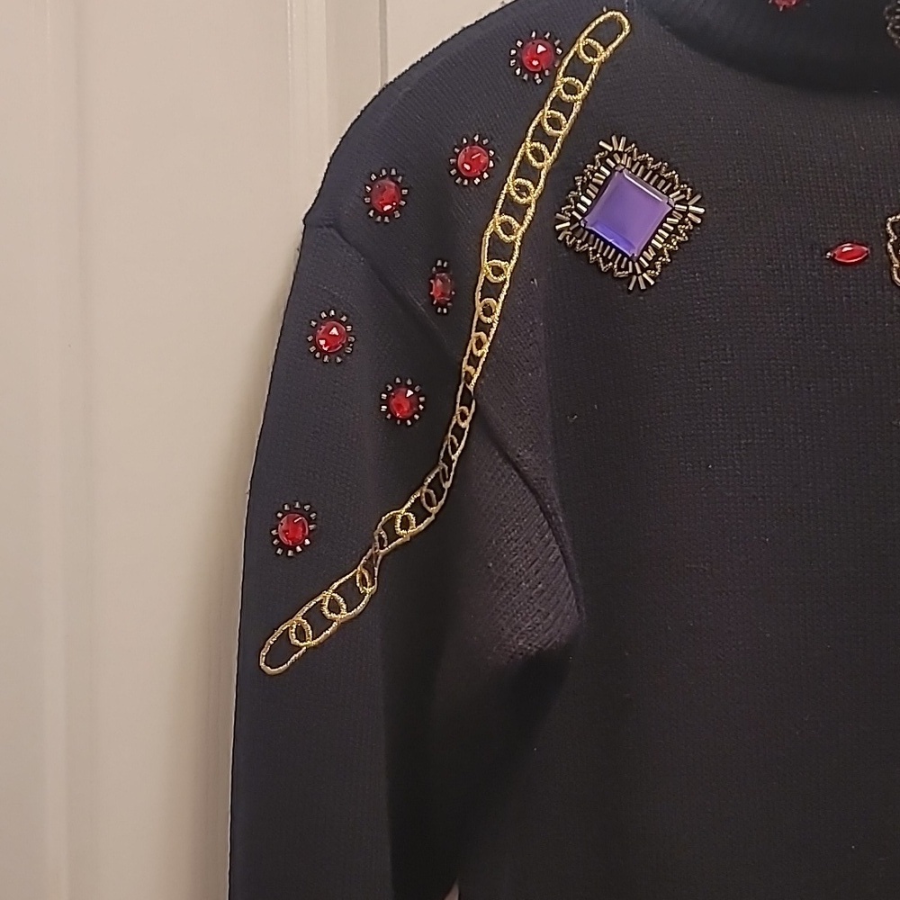 Vintage PLAIN JANE By Sweet Baby Jane Embellished Black Sweater Dress Sz Medium - Picture 3 of 8